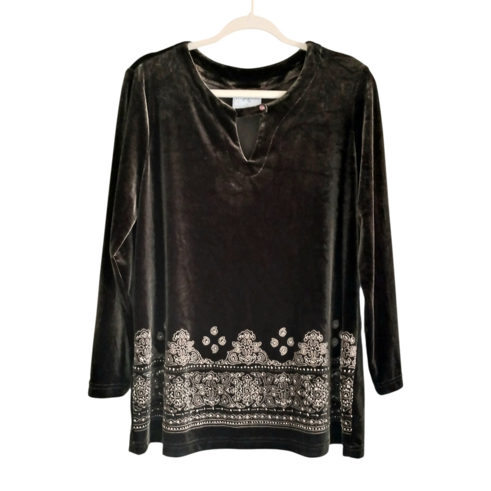 Studioease Velvet Tunic Top Women's Large Green Beaded Button Accent Forest EUC